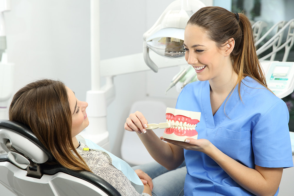 Female dentist showing a patient how to brush her own teeth using a model