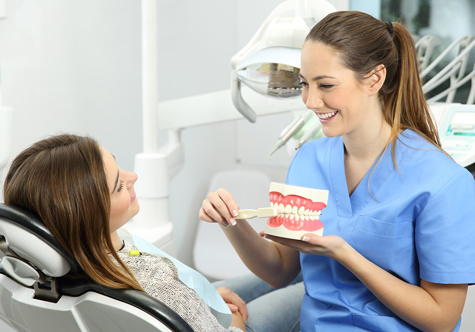Female dentist showing a patient how to brush her own teeth using a model